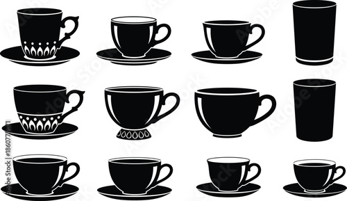 Beer glass and mug icons set, black silhouette vector illustration of ale pints, steins, and craft glassware isolated on white background, pub.