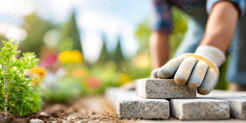A landscaper man laying paving stones to create new backyard path.