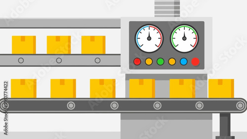 Automated Factory Conveyor System with Two Parallel Belts Transporting Yellow Boxes and a Monitoring Control Panel for Industrial Efficiency.