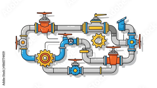 Intricate Industrial Piping System Illustration with Colorful Pipes Valves Gears and Connectors Representing Fluid Management and Engineering.