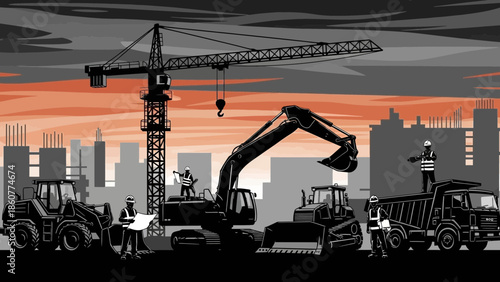 Industrial Construction Site Silhouette with Heavy Machinery Crane Excavator Truck and Workers Operating at Sunset for Urban Development Concept.