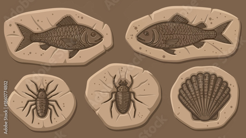Comprehensive Set of Five Prehistoric Fossils Including Fish Spider Beetle and Scallop Shell Embedded in Earth Toned Rock Specimen