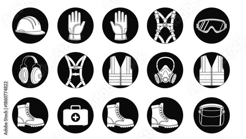 Professional Personal Protective Equipment PPE Icon Set Featuring 15 Safety Symbols for Industrial Work and Occupational Health