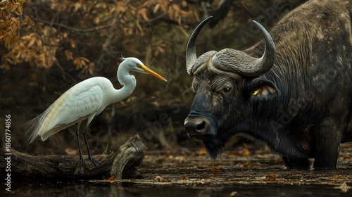 African Buffalo and Egret Encounter in a Marsh