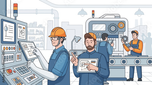 Industrial Workers Using Digital Tablets and Smart Technology to Monitor Automated Machinery in a Modern Factory Setting