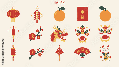 Chinese New Year Icons: Dragon, Lantern, Firecrackers, Oranges, Lucky Cat, Fan