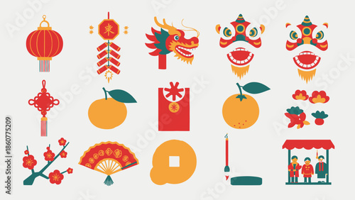 Chinese New Year Icons: Dragon, Lantern, Firecrackers, Lion Dance, Orange, Fan