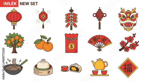 Chinese New Year Icons: Lanterns, Dragon, Food, Oranges, Firecrackers, Fan, Tea