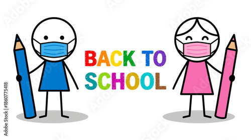 Two masked students stand with oversized pencils beside colorful Back to School text in a cheerful educational illustration