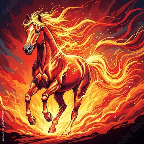 Majestic fiery horse running through flames with flowing mane