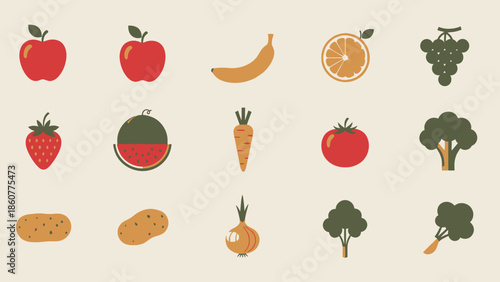 Collection of Fresh Fruits and Vegetables Icons, Healthy Eating and Diet Concept