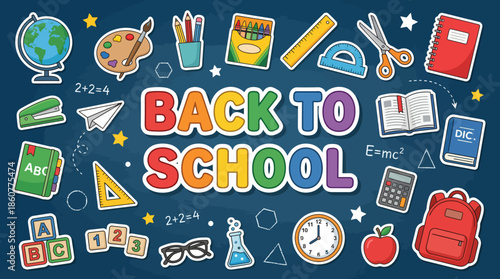 Back to School colorful collage on chalkboard with books, pencils, backpack, globe and classroom icons