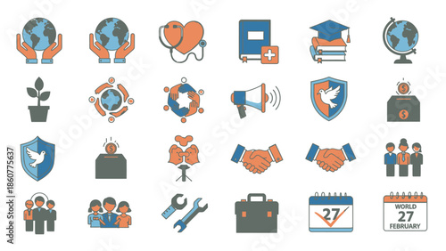 Concept Icons: Global Care, Unity, Health, Education, Peace, and Business