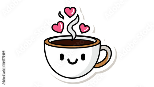 Cute Coffee Cup with Hearts and Steam, Kawaii Style