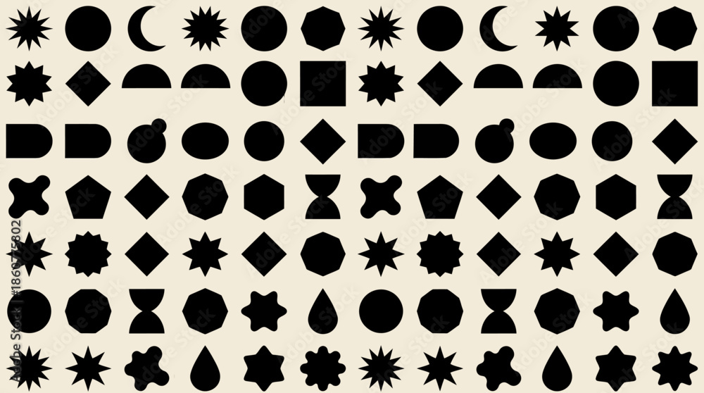 Fototapeta premium Collection of black geometric shapes and icon silhouettes arranged in a grid on white background