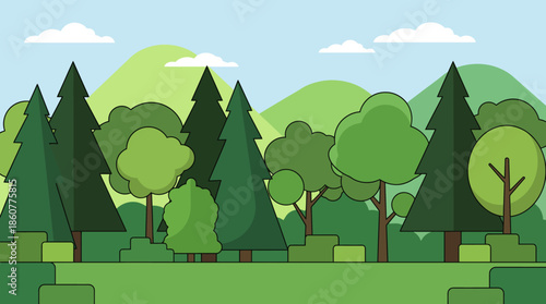 Cartoon forest landscape with evergreen and deciduous trees, rolling hills, and distant mountains under a bright blue sky