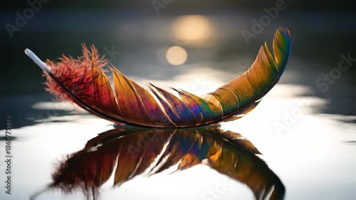 Colorful Feather Floating Gently on Calm Water at Sunset.