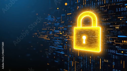 Glowing digital golden padlock with streaming binary code data on dark blue background