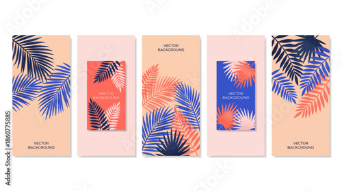 Five pastel peach Instagram story templates featuring bold blue and orange tropical palm leaves for fashion, travel, and lifestyle branding.