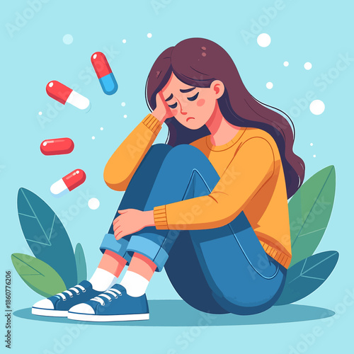 A young woman sits hunched over with her head in her hands, surrounded by falling pills, illustrating mental health struggles and medication.
