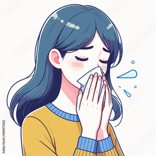 A young woman with blue hair is blowing her nose with a white tissue, showing signs of illness or allergies.
