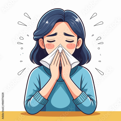 A woman with dark hair, wearing a blue sweater, is holding a white tissue to her nose, appearing to sneeze or blow her nose, with droplets of water around her head.