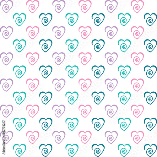 Neon pink, purple, jade and teal green heart swirl pattern on a transparent background