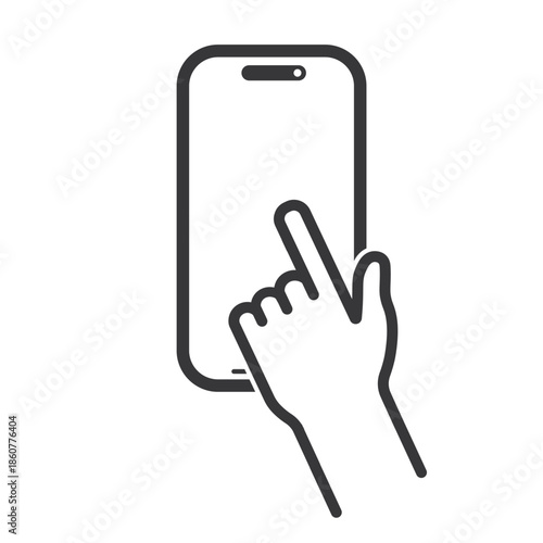 Isolated pictogram of smartphone with index finger touching screen, modern gadget device symbol for technology, communication, and digital interaction.