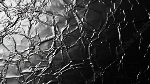 Monochrome Crumpled Metallic Foil Texture with Light and Shadow Contrast