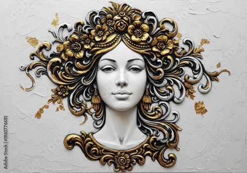 Elegant 3D bas-relief sculpture of a beautiful woman's face with white plaster floral ornaments and gold leaf accents. Sophisticated baroque style wall art decoration on a textured background.