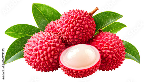 Cluster of vibrant red, textured fruits with green leaves and a cut fruit revealing white flesh