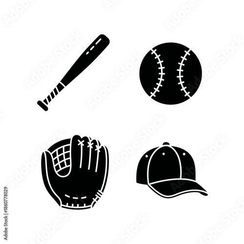 Baseball Equipment Set Silhouette Icons Vector.