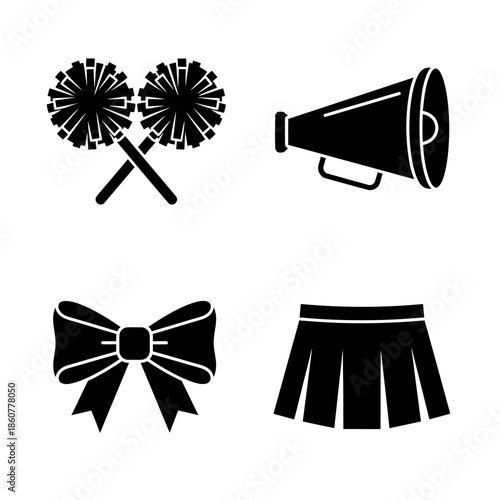 Cheerleading Icons Set Featuring Pom Poms Megaphone Skirt and Bow.