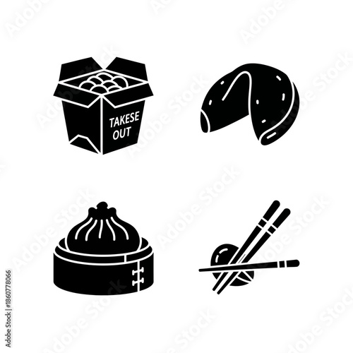 Chinese Food Icons Set Take Out Box Fortune Cookie Dumpling Chopsticks.