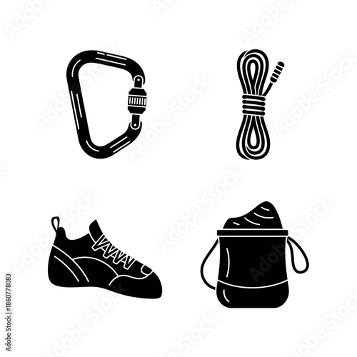 Climbing Gear Set Icons Silhouette Vector Illustration.