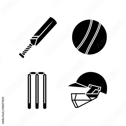 Cricket Equipment Set Silhouette Vector Illustration.