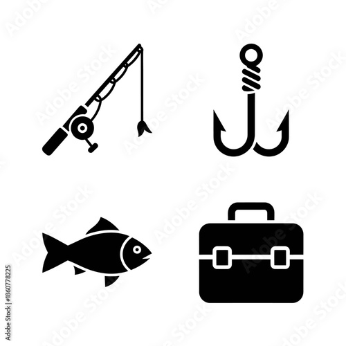 Fishing Icons Set Featuring Rod Hook Fish and Tackle Box.