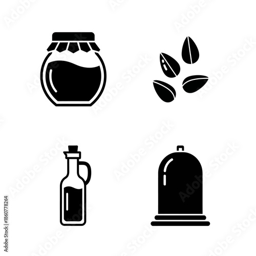 Four Icons Representing Food Ingredients and Storage.
