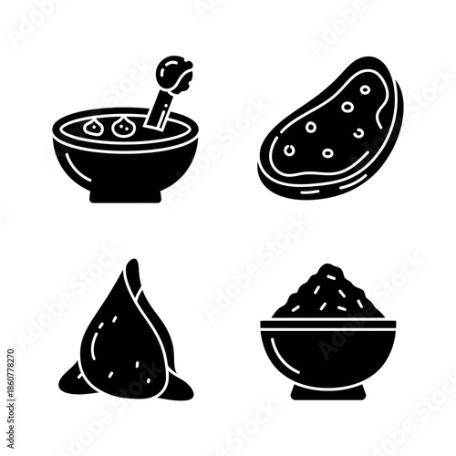 Four Indian Food Icons Mortar Pestle Samosa Rice Bowl.