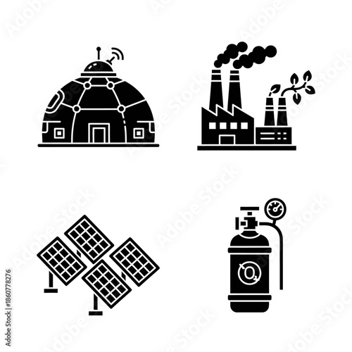 Four icons representing sustainable energy and industry concepts.