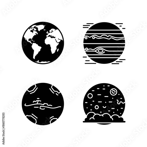 Four stylized planets and celestial bodies in a graphic illustration.