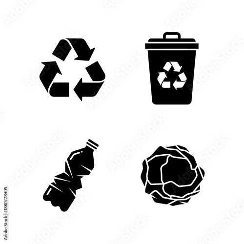 Recycling symbols and waste objects illustration.