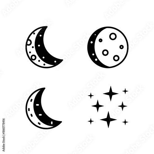 Set of Celestial Icons Featuring Moon Phases and Stars.