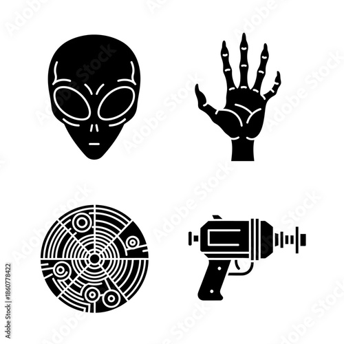 Set of Four Alien Themed Icons Including Head Hand Radar and Ray Gun.