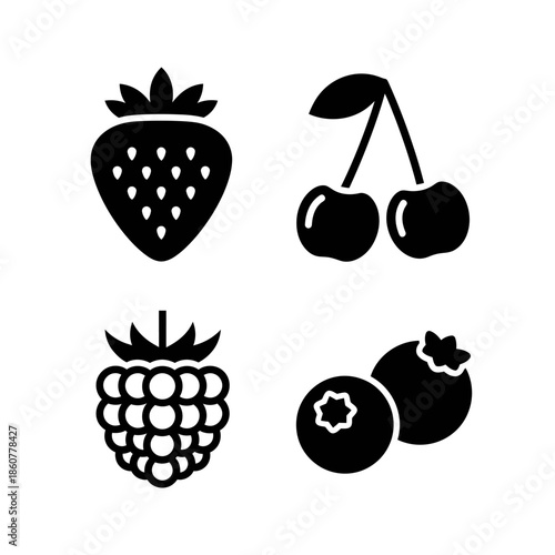 Set of Four Berry Icons Strawberry Raspberry Cherry Blueberry.