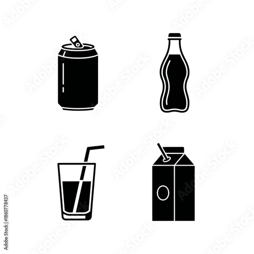 Set of four black and white icons representing different beverage containers.
