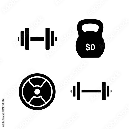 Set of four black fitness equipment icons on white background.