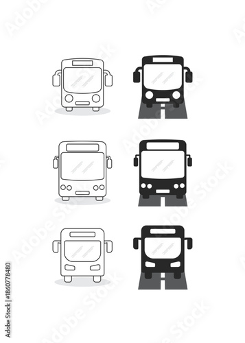 A professional collection of front view bus icons featuring both thin line art and solid black styles. Perfect for transit maps and urban transport mobile applications.