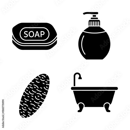Set of four black icons representing bathroom hygiene and bathing essentials.