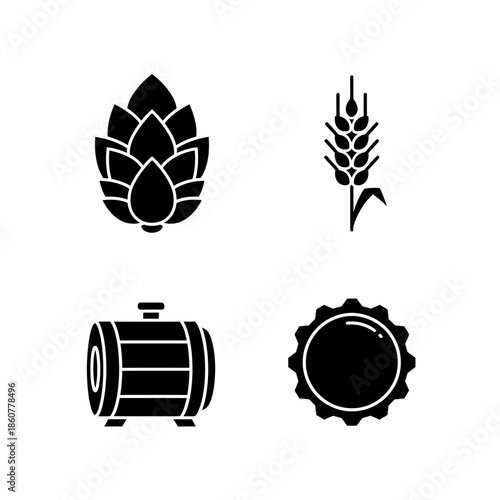 Set of four black icons representing beer ingredients and equipment.